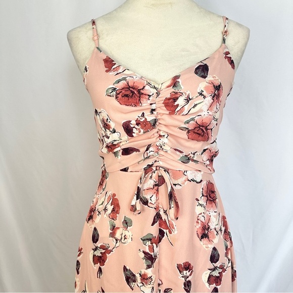 Three Pink Hearts Dress Womens XS Floral Print Maxi Pink High Low Hem Ruched‎ - Picture 2 of 13